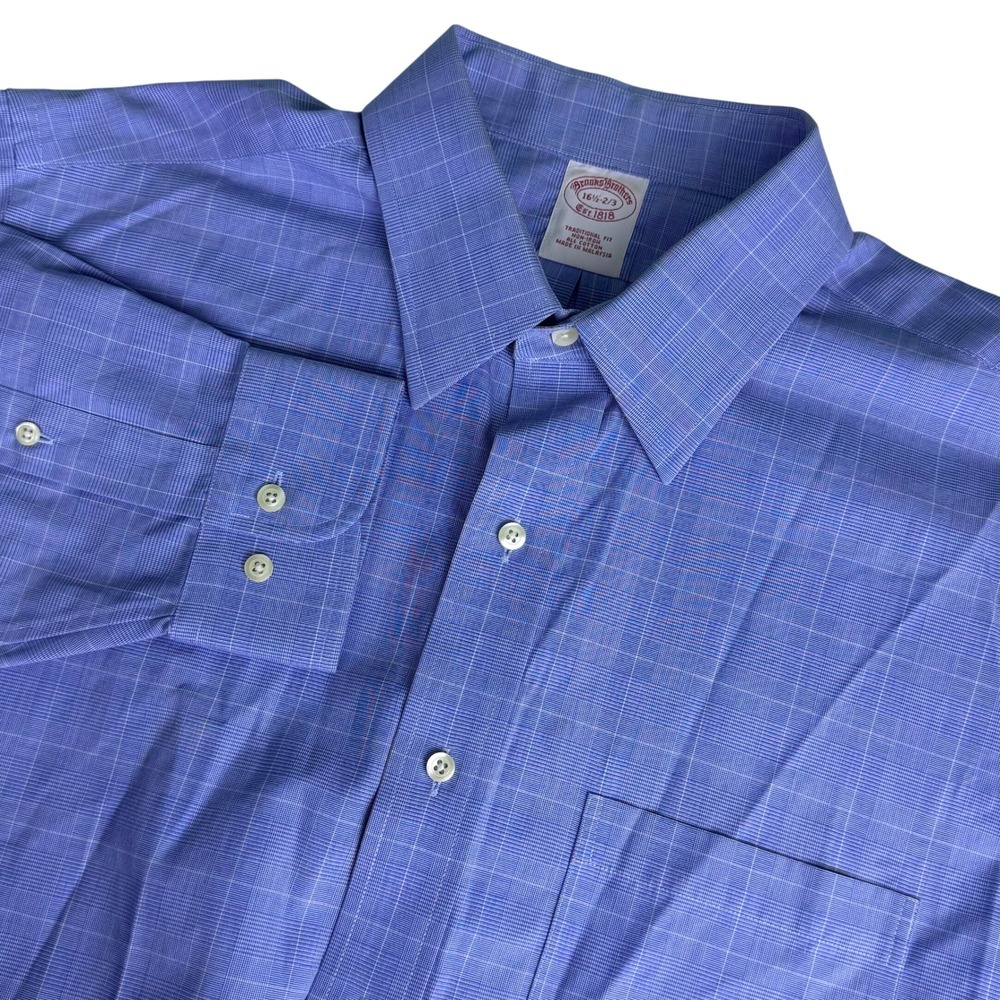 Brooks Brothers Mens 16.5-2/3 Lg Dress Shirt Blue Check Traditional Fit Non-Iron